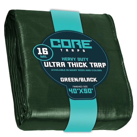 Core Tarps Heavy Duty Tarp, 50 ft L x 0.5 mm H x 40 ft W, 16 Mil, Green/Black, Polyethylene CT-303-40X50